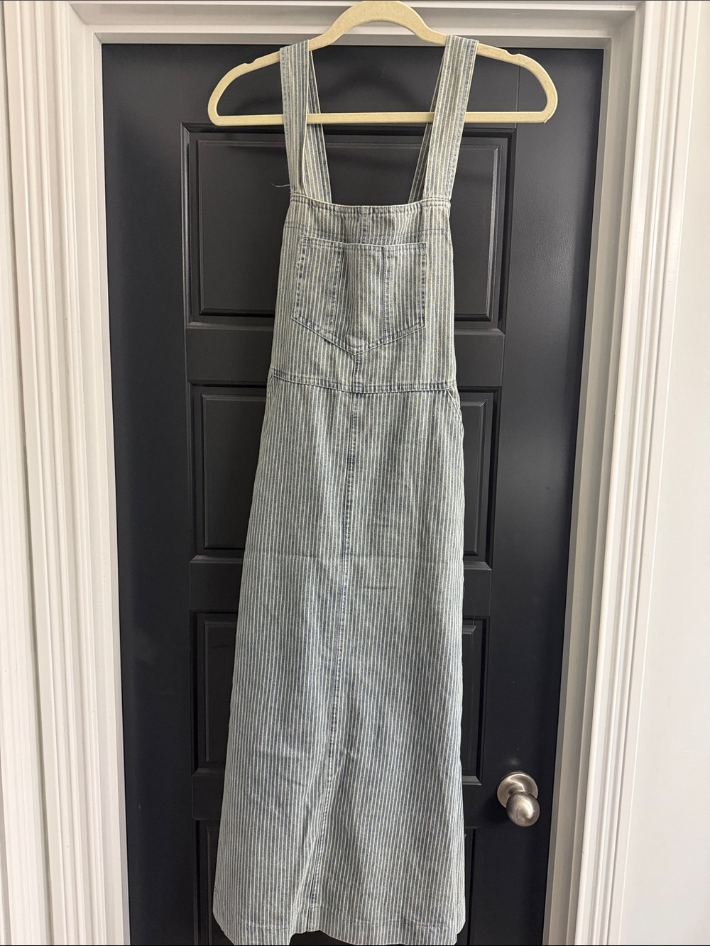 Mustard Seed Striped Denim-Style Midi Pinafore Dress in Light Blue and White